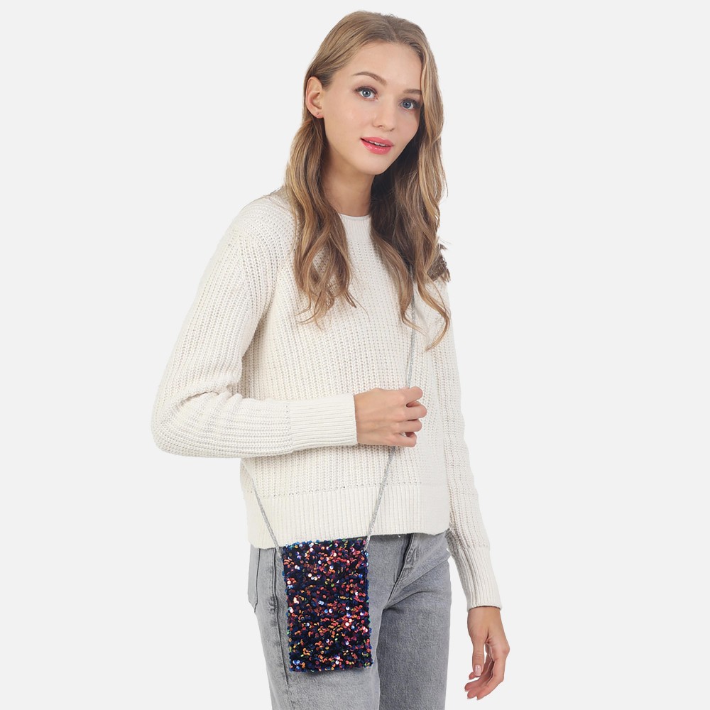 Sequin Cross Body Pouch With Iridescent Liner - Rhinestone Studded Fixed Strap - Magnetic Button Closure - Approximately 7" T X 4" W - Strap Drop 24" L view 4