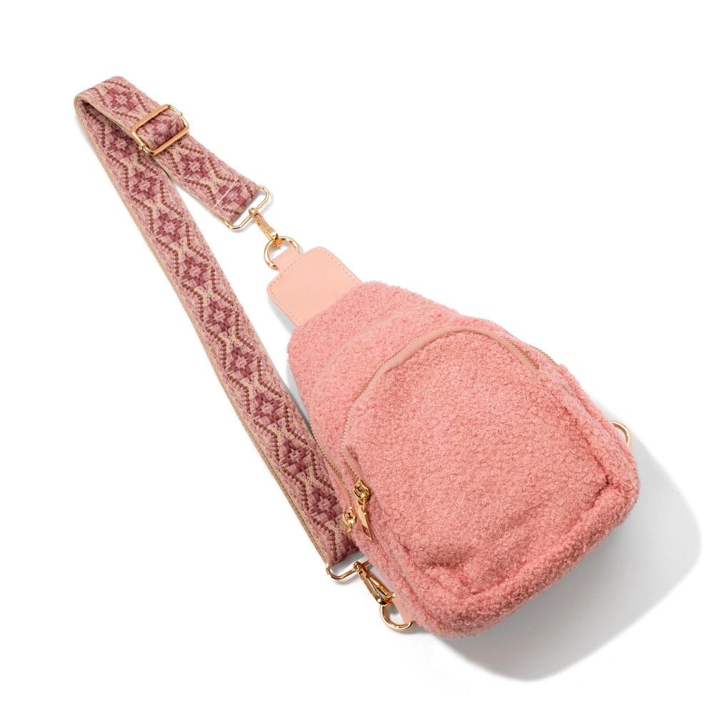 Sherpa Crossbody Sling Bag With Guitar Strap - Full Zipper Closure - Chevron Print Inner Liner - One Front / One Main Body Pocket - Side Adjustable Guitar Strap - Body Approximately 6" W X 9"T X 2.5" D - Straps Adjustable 25-48" L view 2