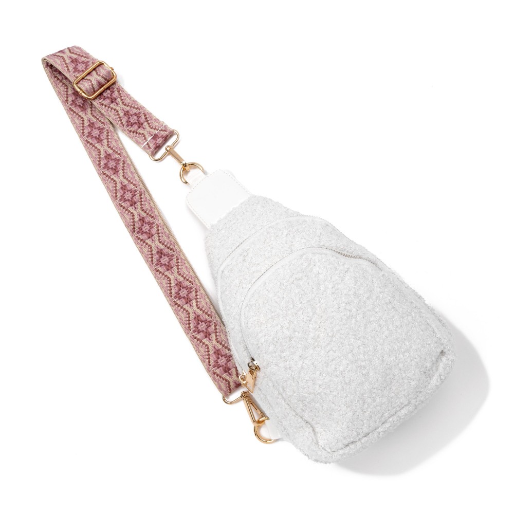 Sherpa Crossbody Sling Bag With Guitar Strap - Full Zipper Closure - Chevron Print Inner Liner - One Front / One Main Body Pocket - Side Adjustable Guitar Strap - Body Approximately 6" W X 9"T X 2.5" D - Straps Adjustable 25-48" L view 2