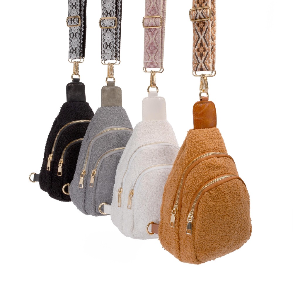 Sherpa Crossbody Sling Bag With Guitar Strap - Full Zipper Closure - Chevron Print Inner Liner - One Front / One Main Body Pocket - Side Adjustable Guitar Strap - Body Approximately 6" W X 9"T X 2.5" D - Straps Adjustable 25-48" L view 4