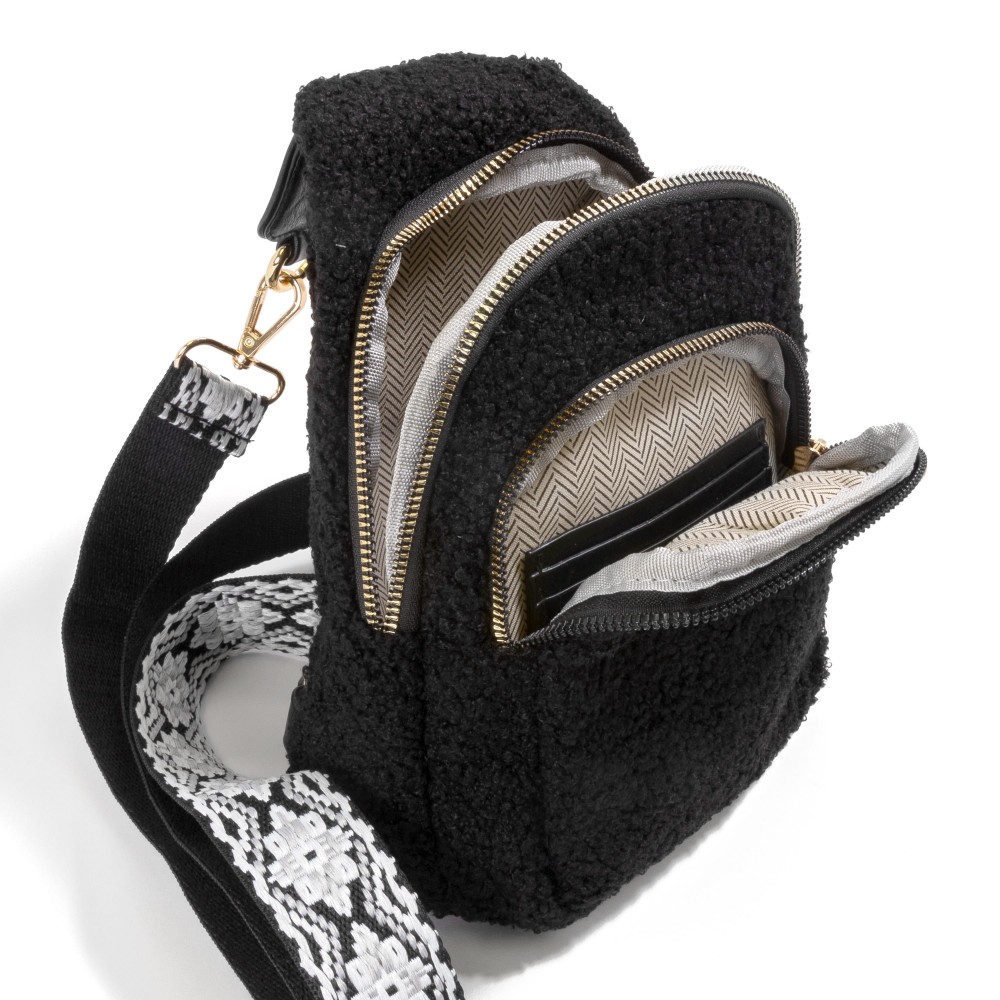 Sherpa Crossbody Sling Bag With Guitar Strap - Full Zipper Closure - Chevron Print Inner Liner - One Front / One Main Body Pocket - Side Adjustable Guitar Strap - Body Approximately 6" W X 9"T X 2.5" D - Straps Adjustable 25-48" L view 6