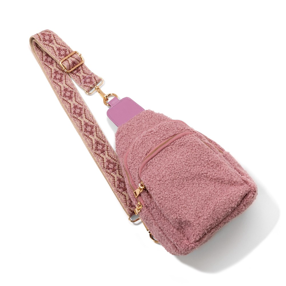 Sherpa Crossbody Sling Bag With Guitar Strap - Full Zipper Closure - Chevron Print Inner Liner - One Front / One Main Body Pocket - Side Adjustable Guitar Strap - Body Approximately 6" W X 9"T X 2.5" D - Straps Adjustable 25-48" L view 2