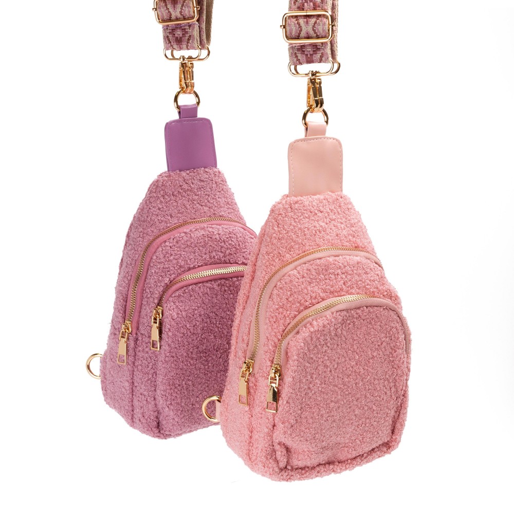 Sherpa Crossbody Sling Bag With Guitar Strap - Full Zipper Closure - Chevron Print Inner Liner - One Front / One Main Body Pocket - Side Adjustable Guitar Strap - Body Approximately 6" W X 9"T X 2.5" D - Straps Adjustable 25-48" L view 4