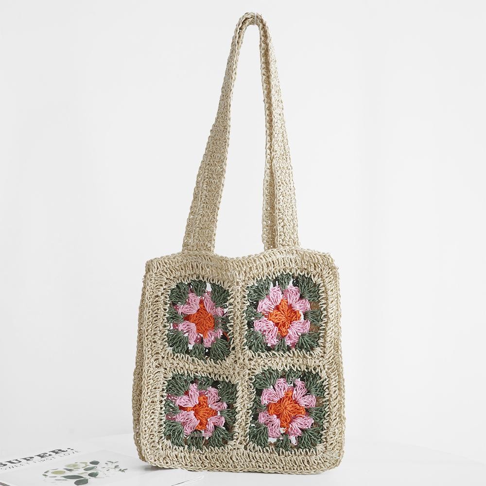 Straw Woven Granny Square Tote Bag - Open/Unlined Body - Approximately 10"W X 11"T X 3"D - Strap 11.5"L view 2