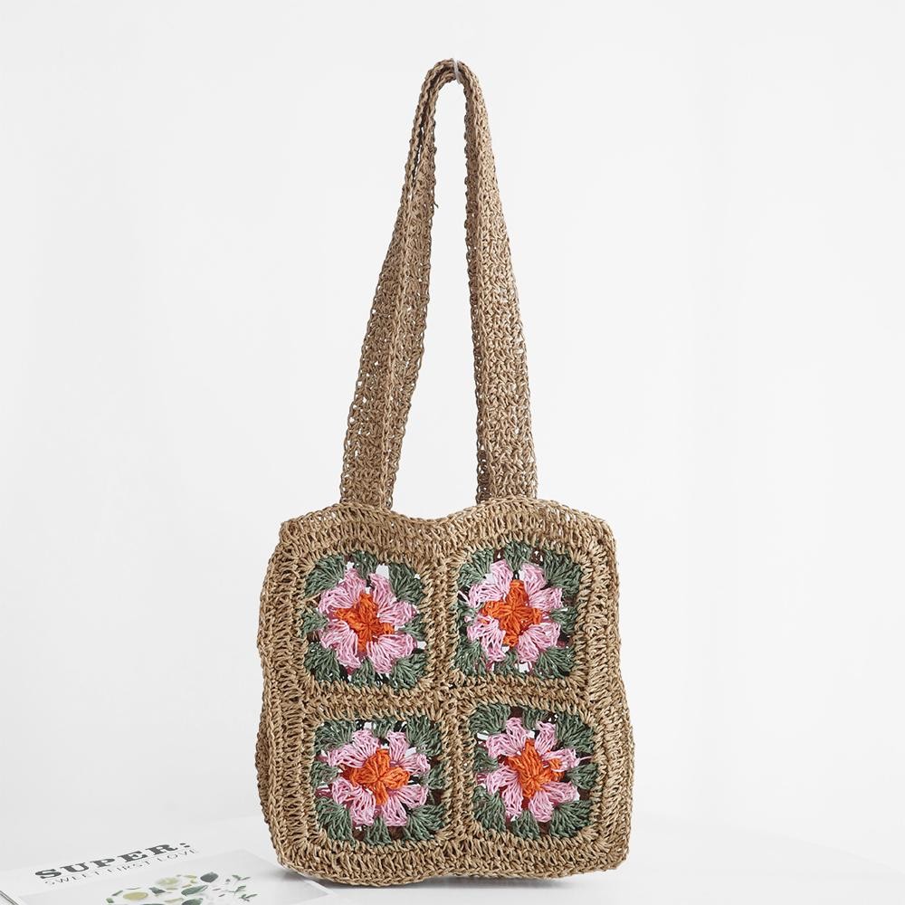 Straw Woven Granny Square Tote Bag - Open/Unlined Body - Approximately 10"W X 11"T X 3"D - Strap 11.5"L view 2