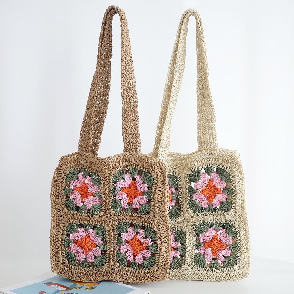 Straw Woven Granny Square Tote Bag - Open/Unlined Body - Approximately 10"W X 11"T X 3"D - Strap 11.5"L view 4