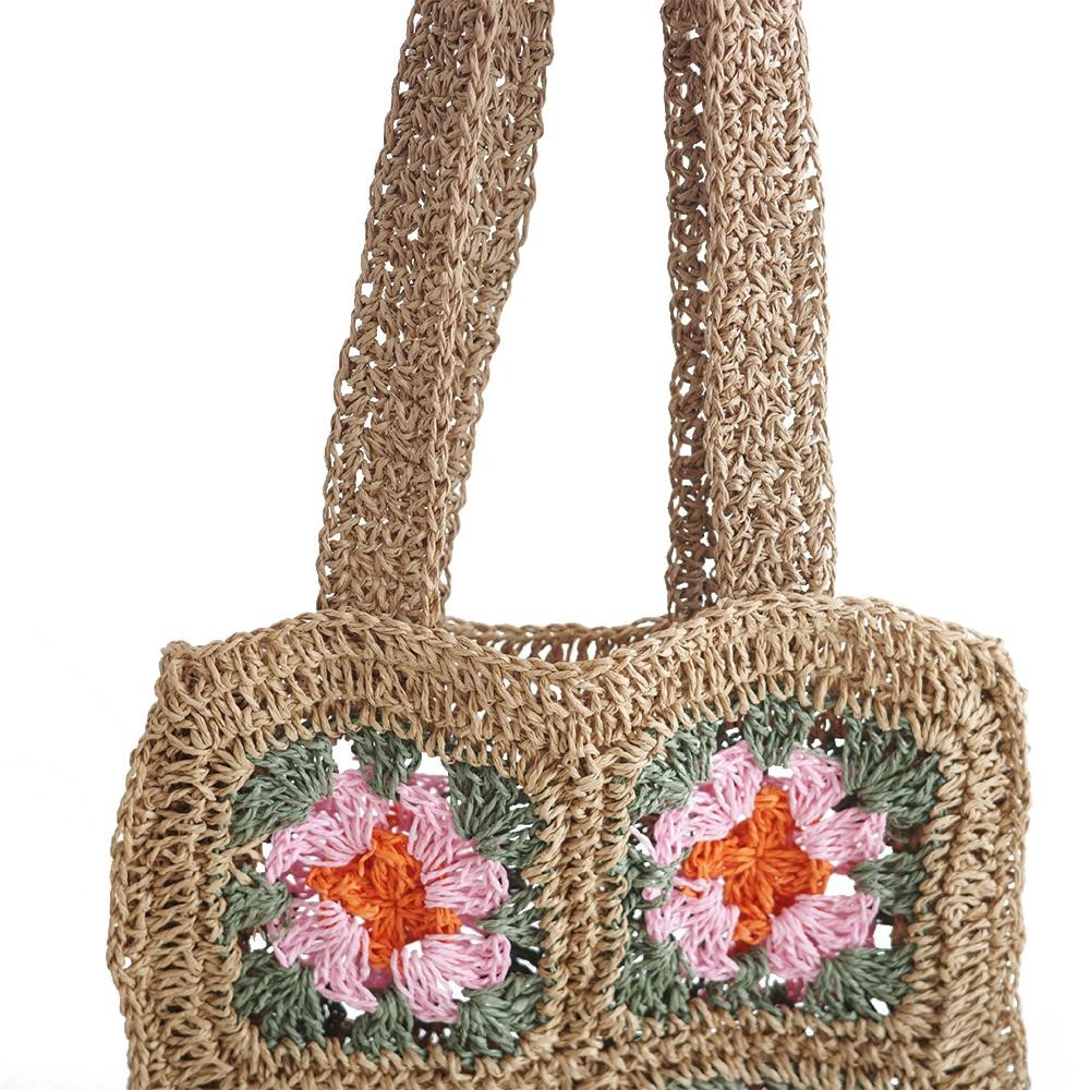 Straw Woven Granny Square Tote Bag - Open/Unlined Body - Approximately 10"W X 11"T X 3"D - Strap 11.5"L view 6
