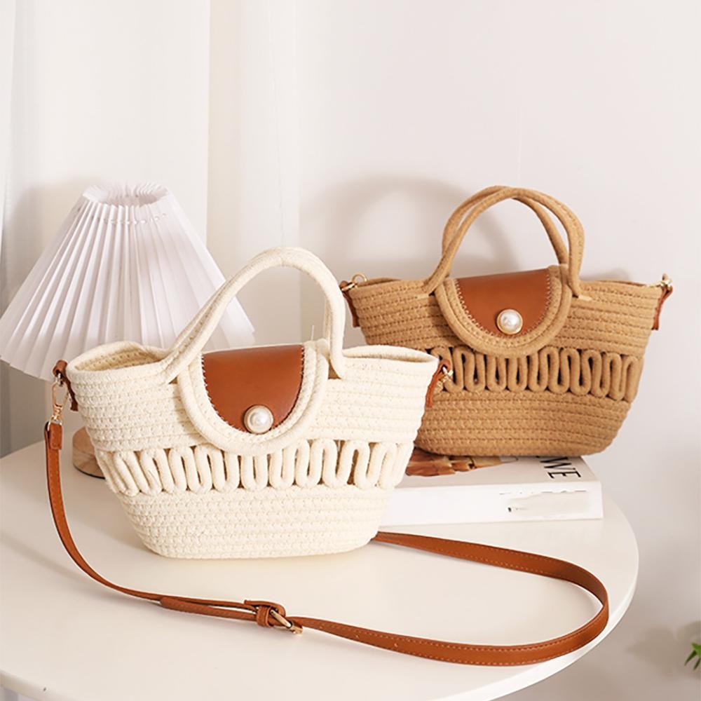 Woven Rattan Handbag With Leather Accent Details - Magnetic Button Flap Closure - Unlined Body - Removable Faux Leather Strap - Approximately 11"W X 6" T X 3"D - Cross Body Strap 21-23" L - Rattan Strap 4"L view 4