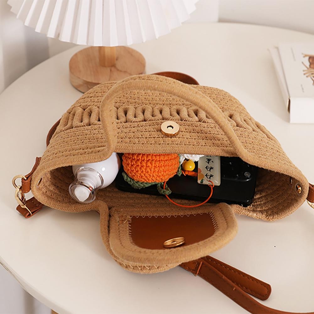 Woven Rattan Handbag With Leather Accent Details - Magnetic Button Flap Closure - Unlined Body - Removable Faux Leather Strap - Approximately 11"W X 6" T X 3"D - Cross Body Strap 21-23" L - Rattan Strap 4"L view 6
