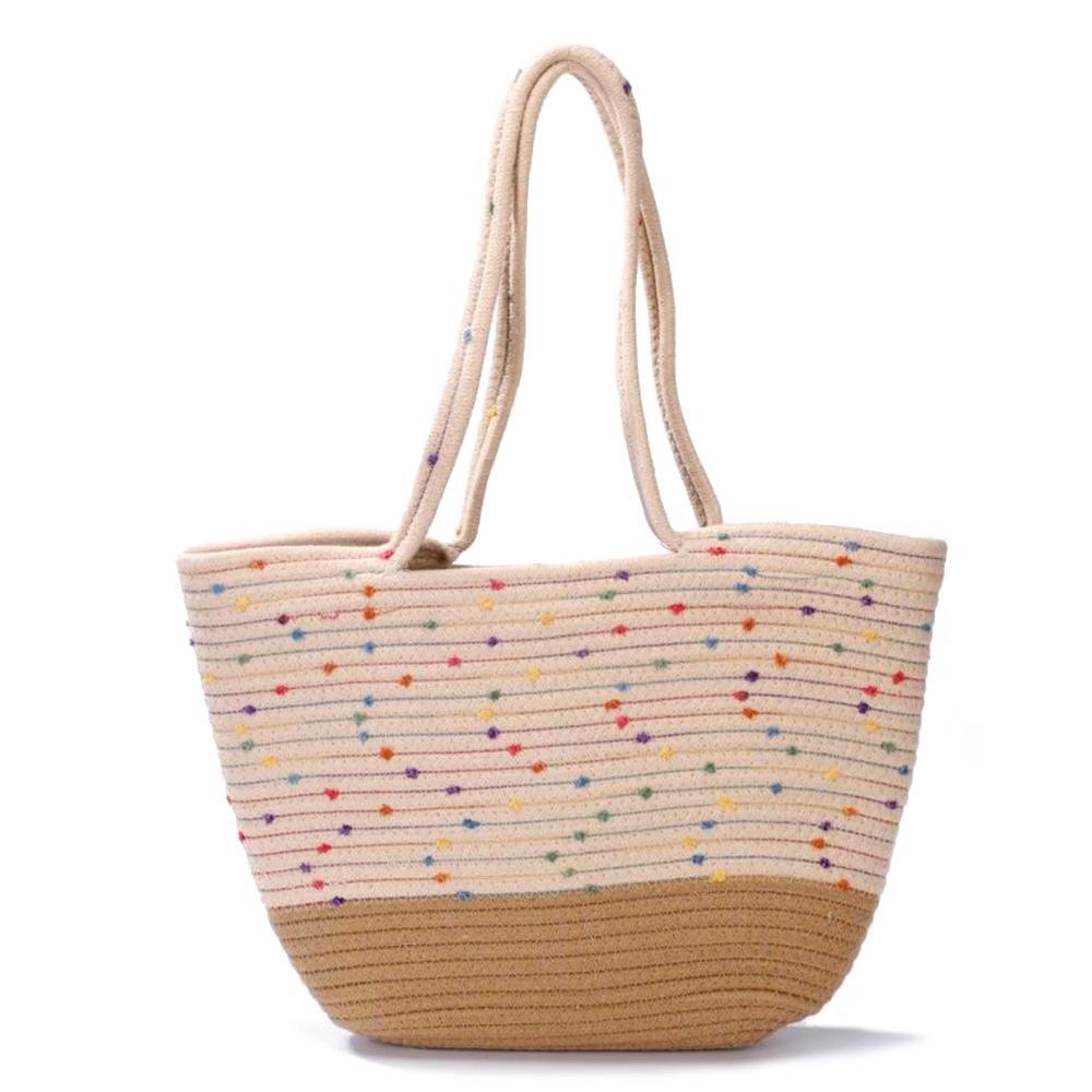 Braided Straw Rope Tote Bag With Stitched Pom Accents - Open Body - Approximately 10" W X 8" T X 4" D - Strap Drop 9" L view 2