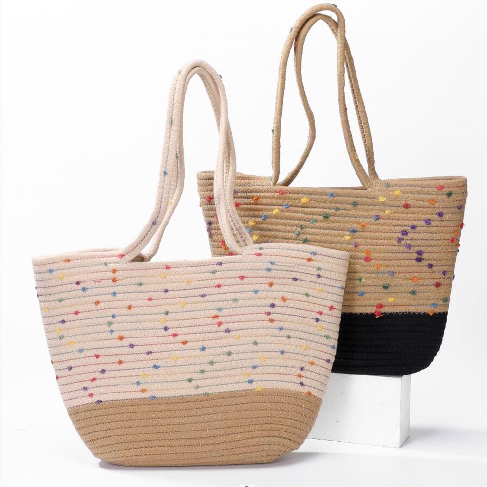 Braided Straw Rope Tote Bag With Stitched Pom Accents - Open Body - Approximately 10" W X 8" T X 4" D - Strap Drop 9" L view 4