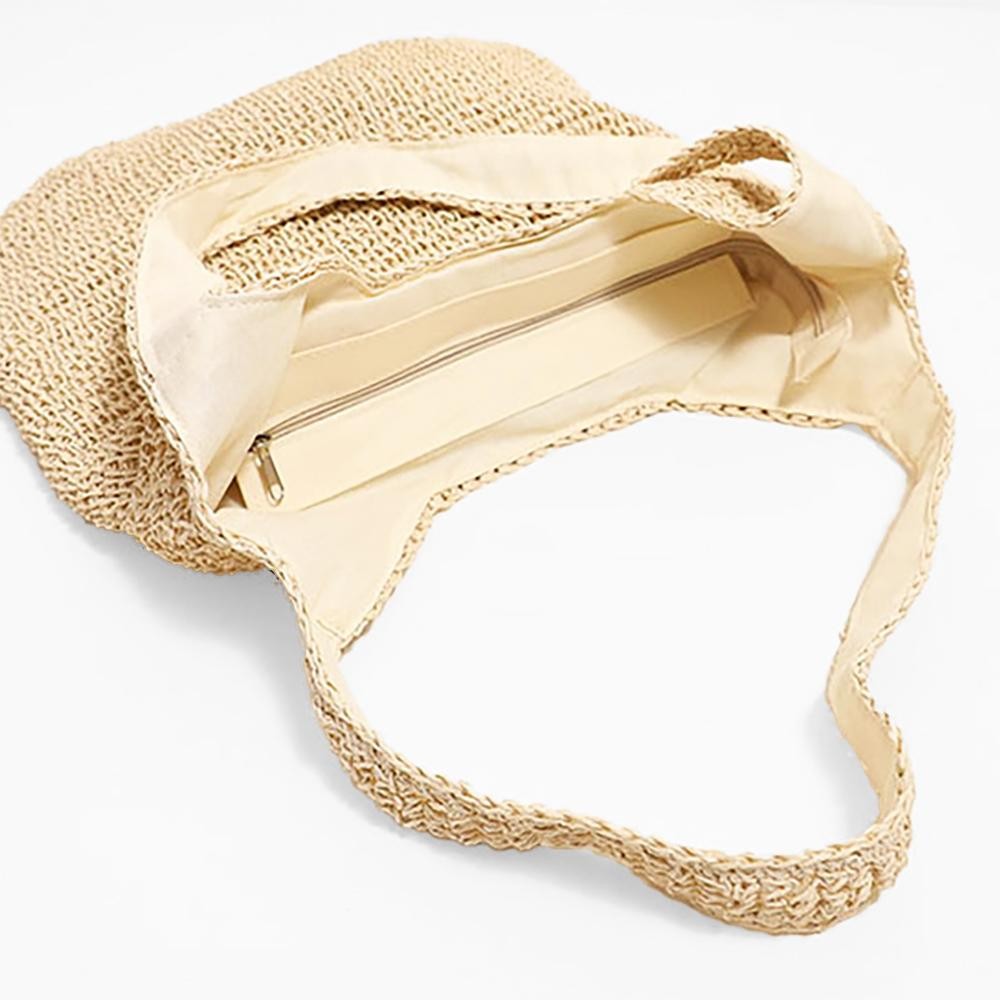 Woven Raffia Tote Bag - Lined Body - Full Zipper Closure - Open Internal Pocket - Approximately 12"T X 14" W - Strap Drop 12" L view 6
