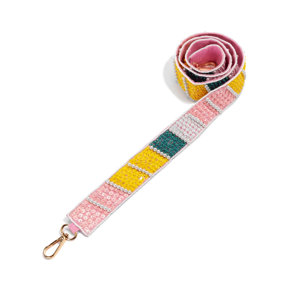 Sequin & Seed Bead Bag Strap With Pearl Detail - Lobster Claw Closure - Approximately 47" L X 1.5" W view 2