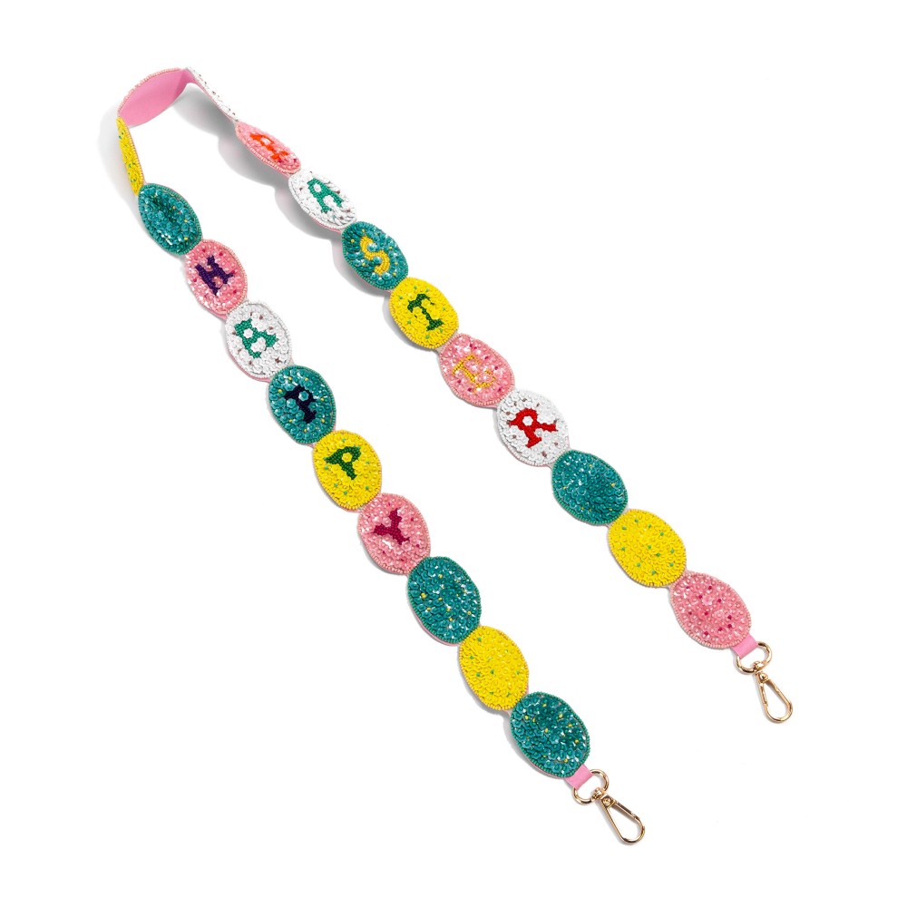 'Happy Easter' Flower Sequin & Seed Bead Easter Egg Cut Bag Strap - Lobster Claw Closure - Approximately 47" L X 1.5" W view 4