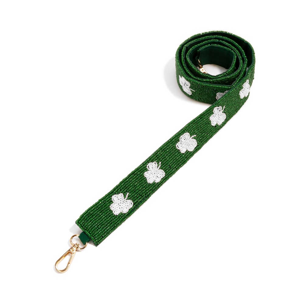 Seed Bead Bag Strap Featuring Sequin Shamrock Detail - Lobster Claw Closure - Approximately 47" L X 1.5" W view 2