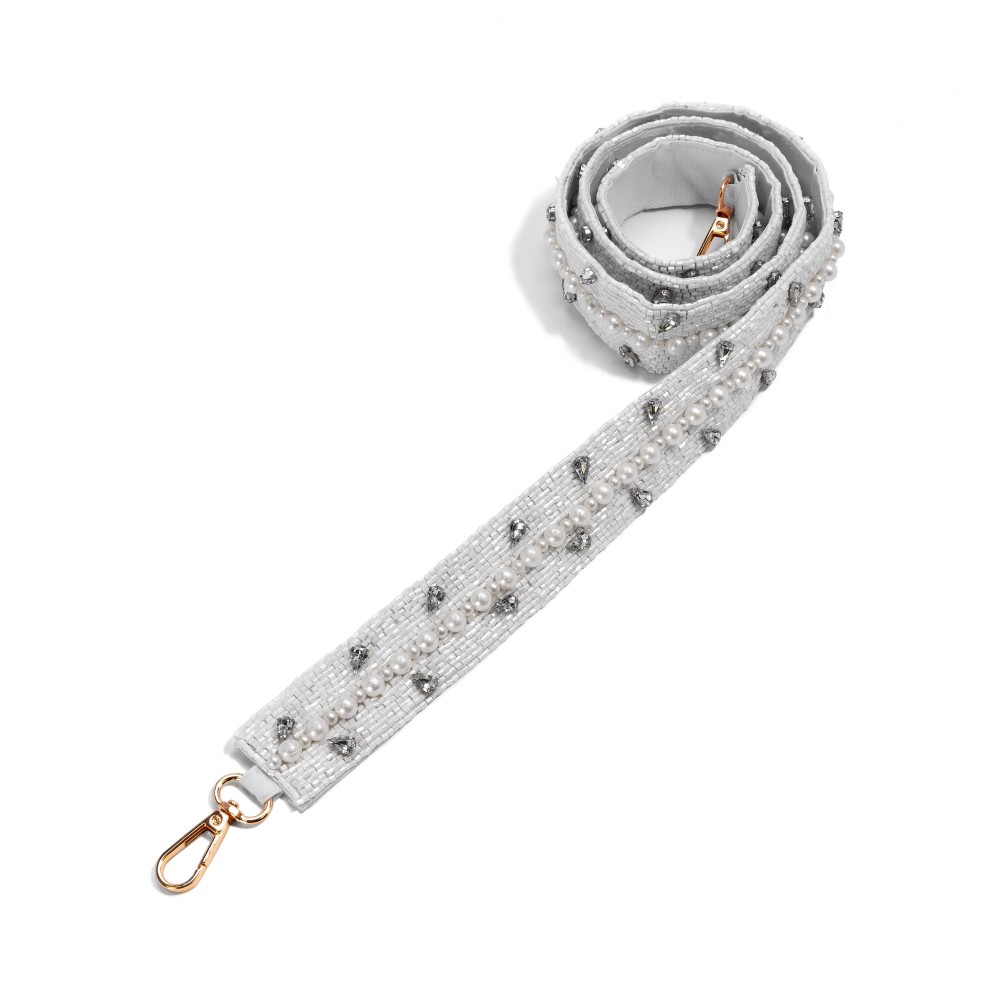 Seed Bead Bag Strap With Pearl & Rhinestone Detail - Lobster Claw Closure - Approximately 47" L X 1.5" W view 2