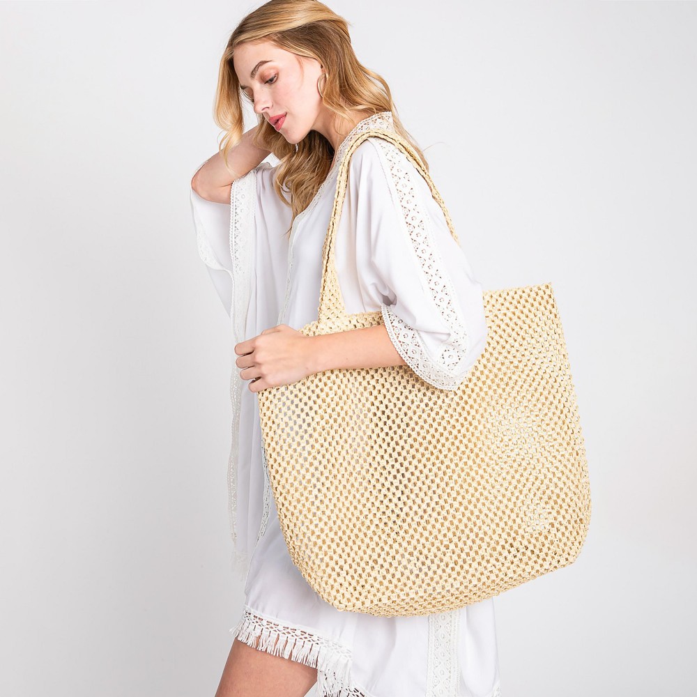 Solid Color Crochet Straw Bag - Unlined Body - Approximately 19.5"W X 15.5"T X 5"D - 100% Straw view 2