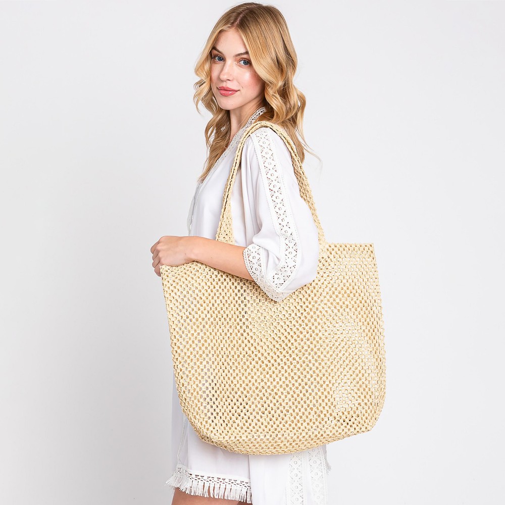 Solid Color Crochet Straw Bag - Unlined Body - Approximately 19.5"W X 15.5"T X 5"D - 100% Straw view 4