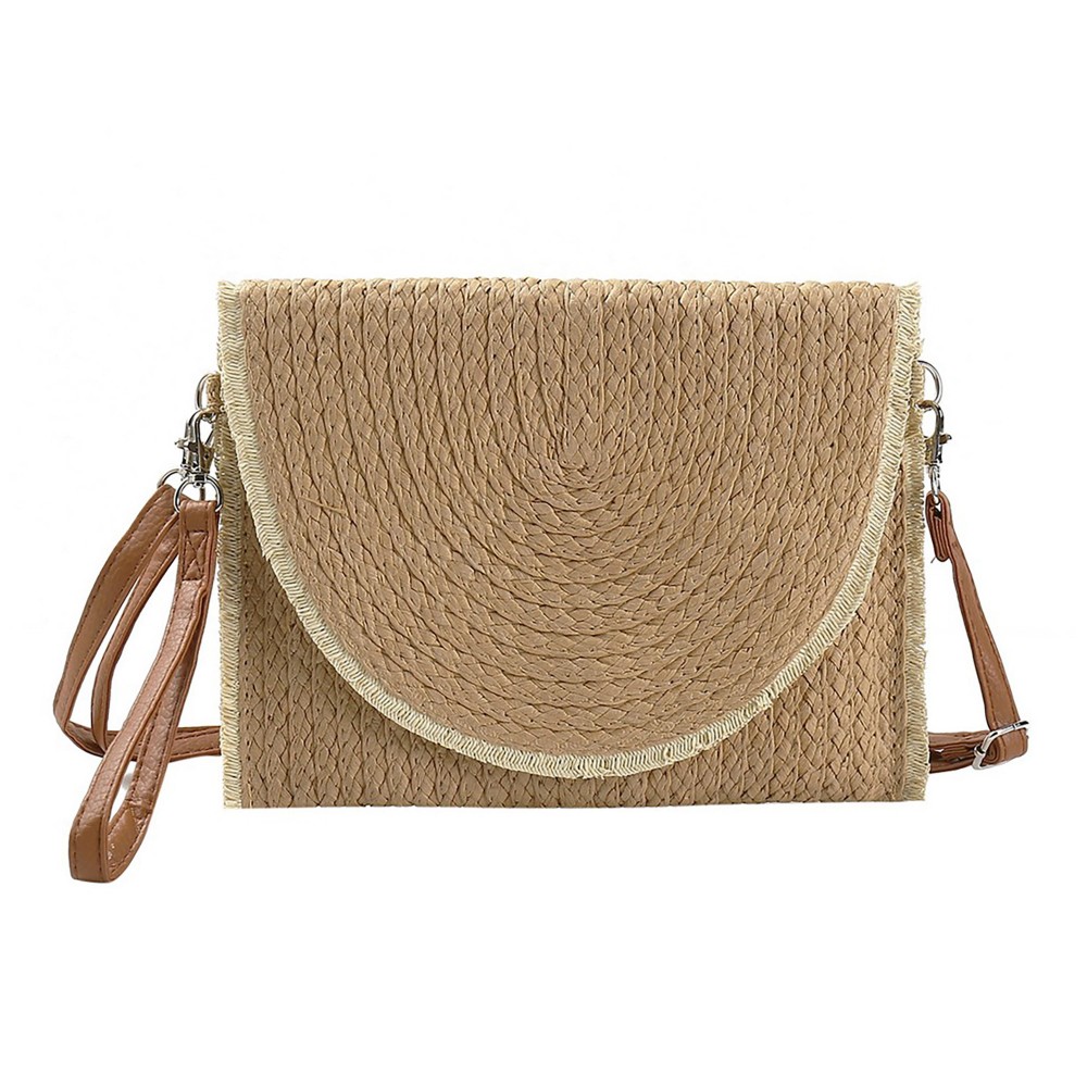 Frayed Trim Two Tone Straw Crossbody Clutch - Magnetic Closure - Removable Wristlet & Cross Body Straps - Body Approximately 11"W X 8.5" T - Strap Drop 14-26" L view 2