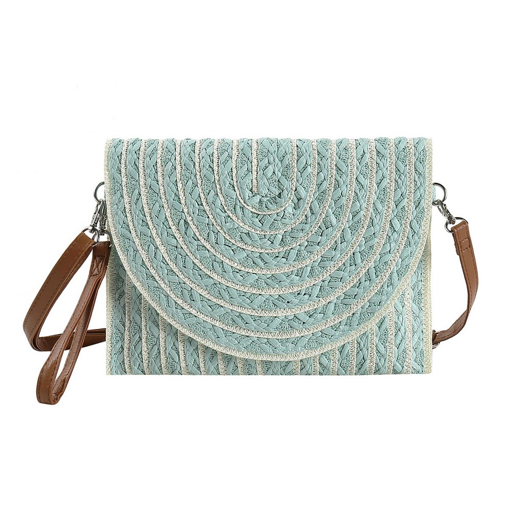 Stripped Two Tone Straw Clutch Crossbody Bag - Magnetic Closure - Removable Wristlet & Cross Body Straps - Body Approximately 11"W X 8.5" T - Strap Drop 14-26" L view 2