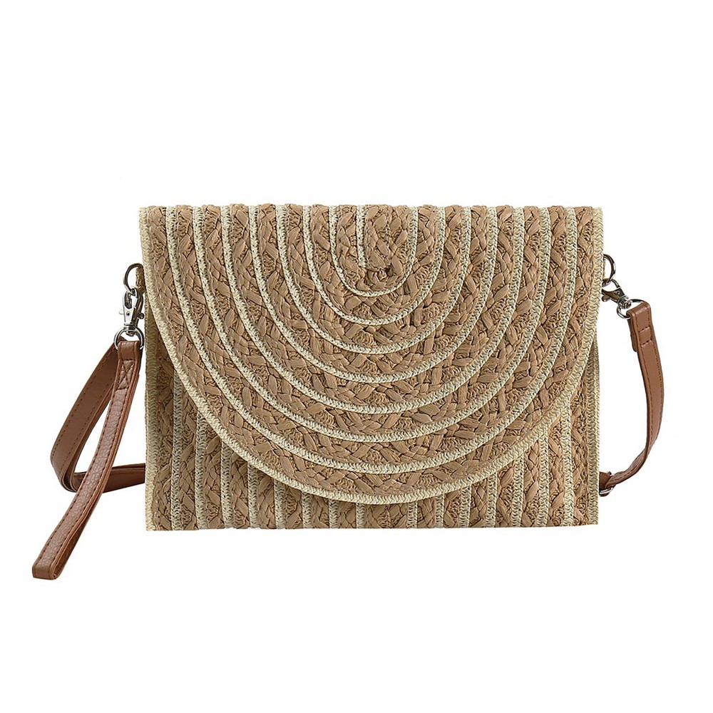 Stripped Two Tone Straw Clutch Crossbody Bag - Magnetic Closure - Removable Wristlet & Cross Body Straps - Body Approximately 11"W X 8.5" T - Strap Drop 14-26" L view 2