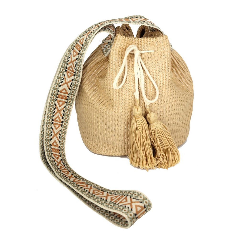 Bucket Bag Featuring Aztec Strap - Drawstring Closure - Lined Body With Open & Zipper Pockets - Approximately 12.75" W X 9.5" T X 7" D - Strap Drop 23" T - 50% Polyester 50% Polypropylene view 4