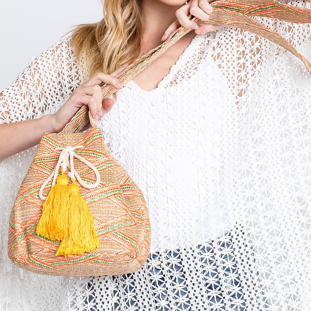 Simple Aztec Bucket Bag - Drawstring Closure - Lined Body With Open & Zipper Pockets - Approximately 12.75" W X 9.5" T X 7" D - Strap Drop 23" T - 50% Polyester 50% Polypropylene view 4