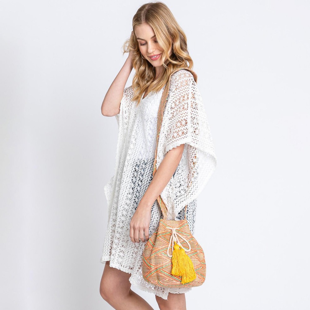 Simple Aztec Bucket Bag - Drawstring Closure - Lined Body With Open & Zipper Pockets - Approximately 12.75" W X 9.5" T X 7" D - Strap Drop 23" T - 50% Polyester 50% Polypropylene view 6