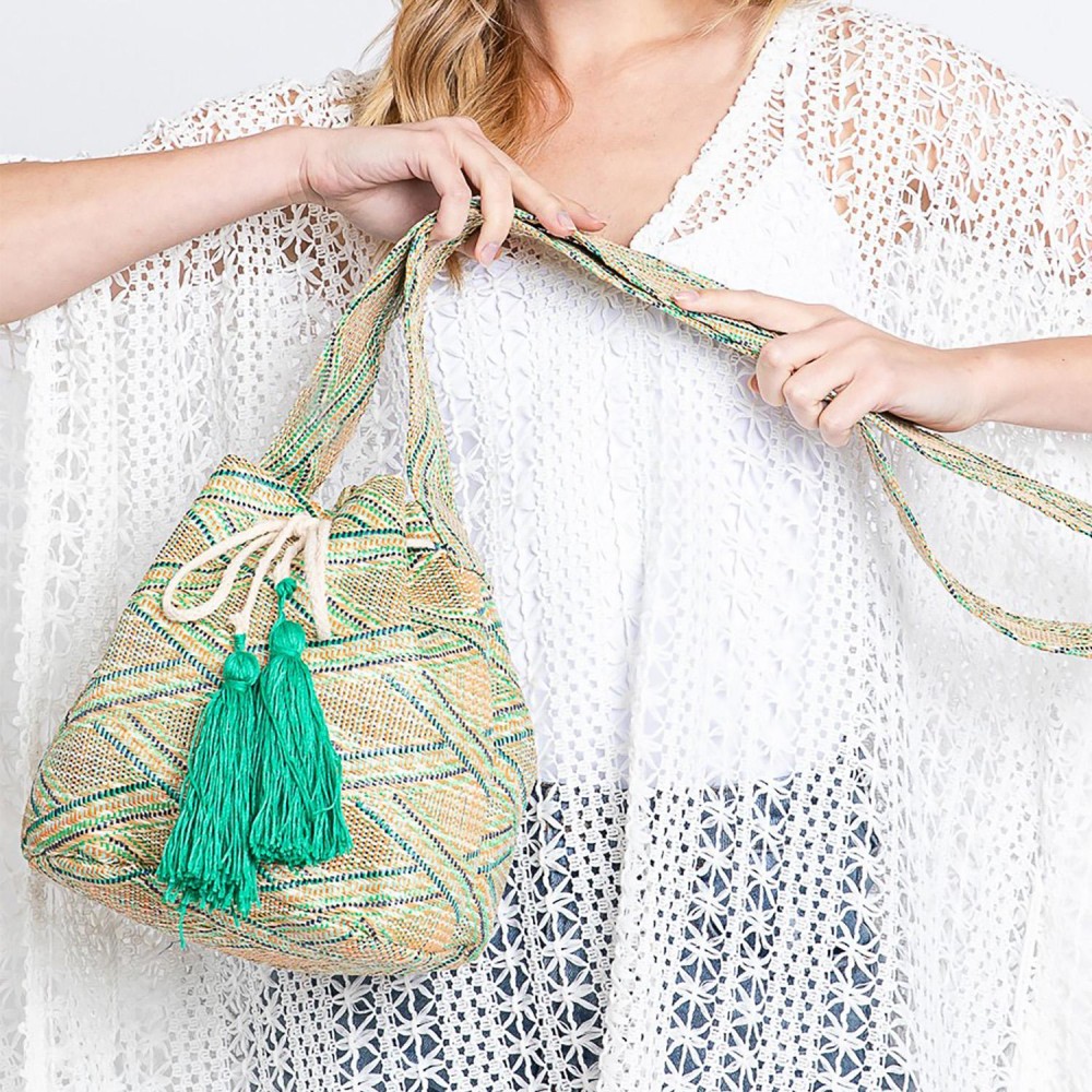 Simple Aztec Bucket Bag - Drawstring Closure - Lined Body With Open & Zipper Pockets - Approximately 12.75" W X 9.5" T X 7" D - Strap Drop 23" T - 50% Polyester 50% Polypropylene view 4