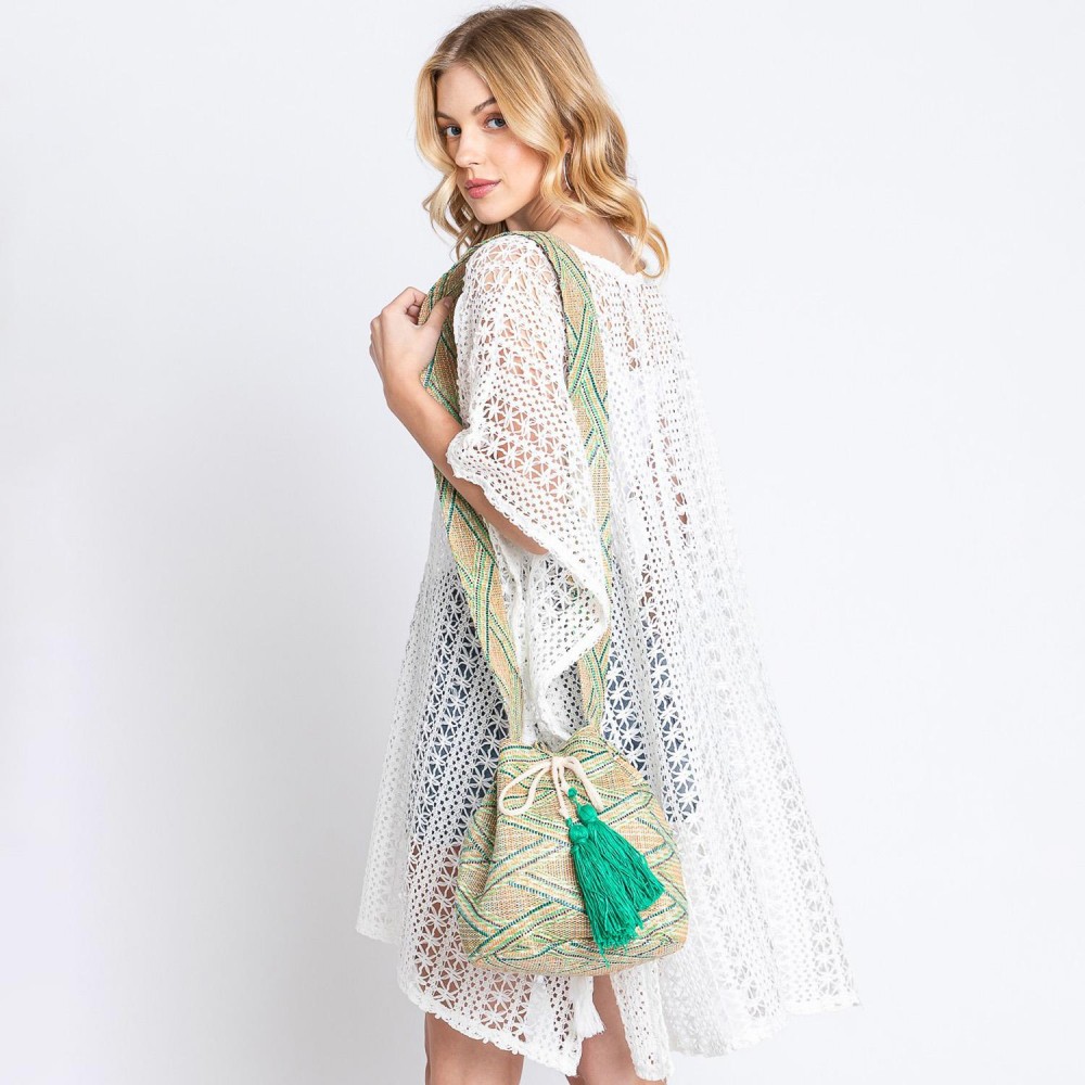 Simple Aztec Bucket Bag - Drawstring Closure - Lined Body With Open & Zipper Pockets - Approximately 12.75" W X 9.5" T X 7" D - Strap Drop 23" T - 50% Polyester 50% Polypropylene view 6
