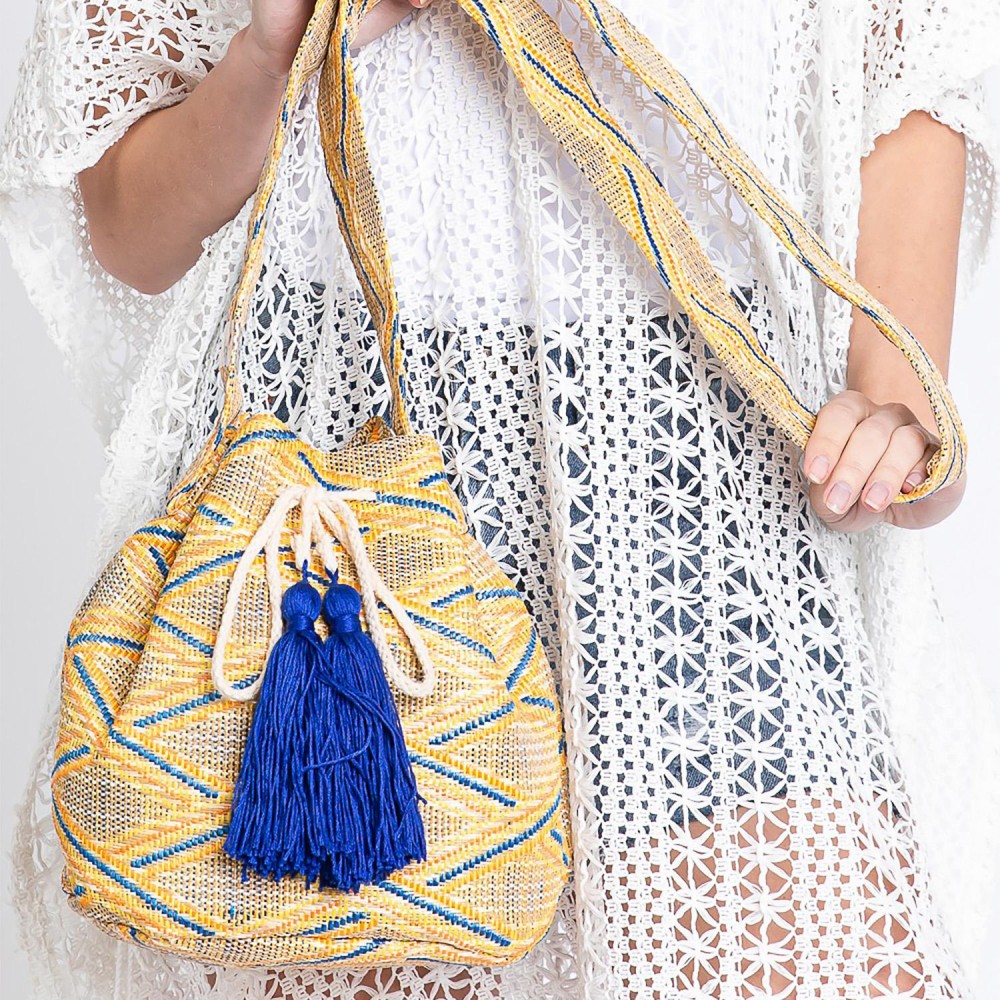 Simple Aztec Bucket Bag - Drawstring Closure - Lined Body With Open & Zipper Pockets - Approximately 12.75" W X 9.5" T X 7" D - Strap Drop 23" T - 50% Polyester 50% Polypropylene view 4