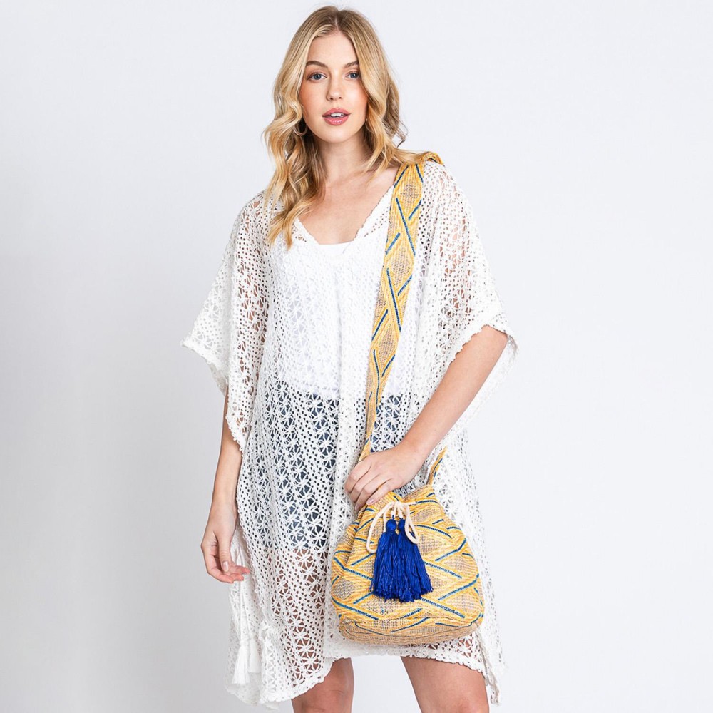 Simple Aztec Bucket Bag - Drawstring Closure - Lined Body With Open & Zipper Pockets - Approximately 12.75" W X 9.5" T X 7" D - Strap Drop 23" T - 50% Polyester 50% Polypropylene view 6