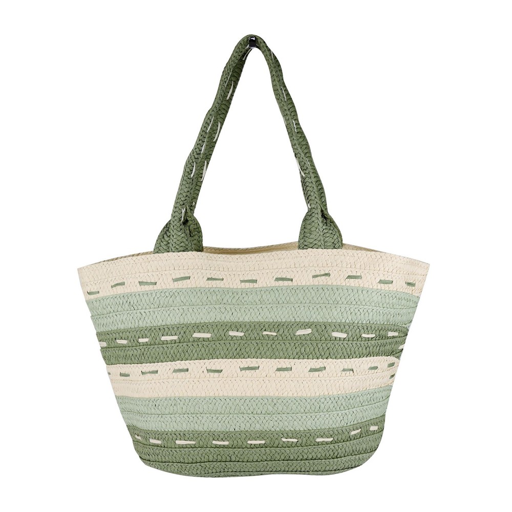 Striped Pattern Dotted Line Detail Straw Bag - Full Zipper Closure - Lined Body W/ Internal Open Pocket - Approximately 18.5"W X 10.5"T X 6"D view 2