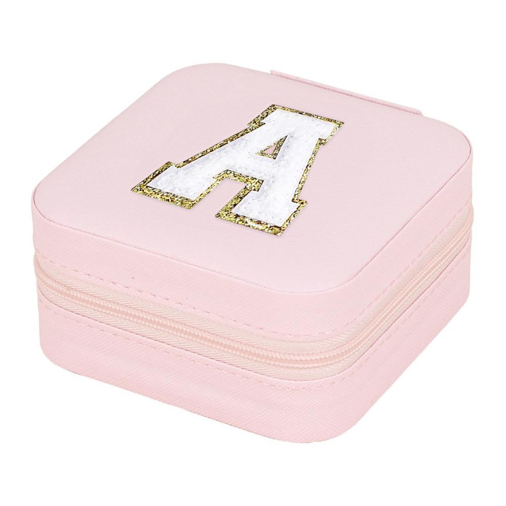 Initial Letter Chenille Patch Travel Jewelry Box - Full Zipper Closure - Mirror Included - Removable Divider Organizer - Rigid Walls Protect Jewelry From Crushing - 6 Ring Slots, 6 Earring Holes, 3 Necklace Hooks - Approximately 3.75"W X 3.75"T X 2"D view 2