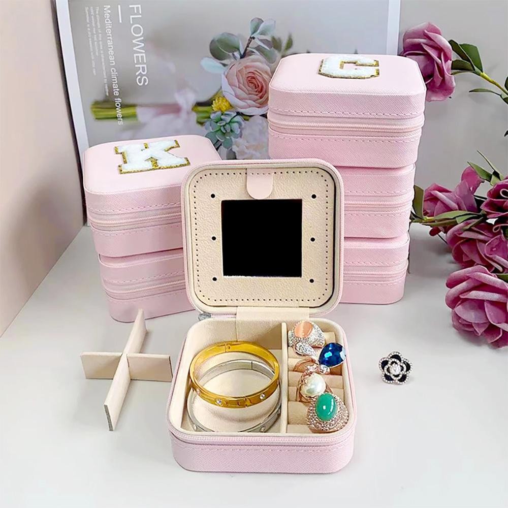 Initial Letter Chenille Patch Travel Jewelry Box - Full Zipper Closure - Mirror Included - Removable Divider Organizer - Rigid Walls Protect Jewelry From Crushing - 6 Ring Slots, 6 Earring Holes, 3 Necklace Hooks - Approximately 3.75"W X 3.75"T X 2"D view 4
