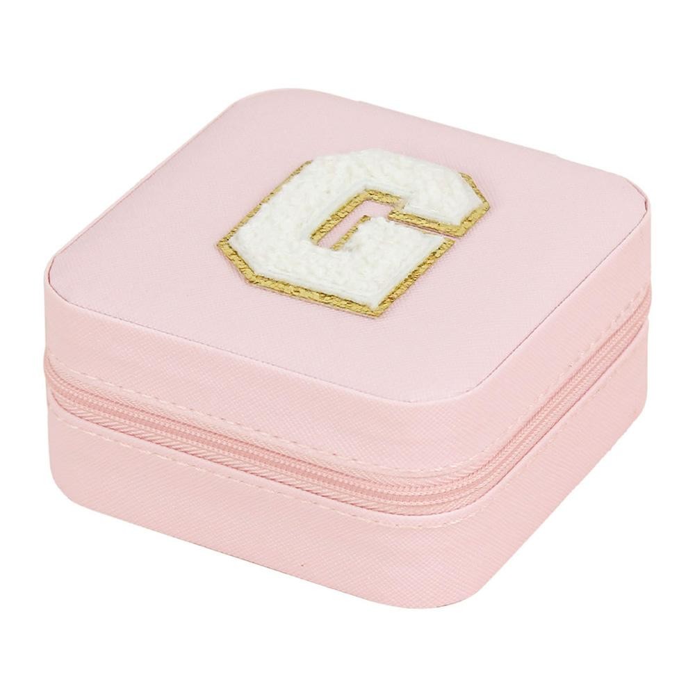 Initial Letter Chenille Patch Travel Jewelry Box - Full Zipper Closure - Mirror Included - Removable Divider Organizer - Rigid Walls Protect Jewelry From Crushing - 6 Ring Slots, 6 Earring Holes, 3 Necklace Hooks - Approximately 3.75"W X 3.75"T X 2"D view 2