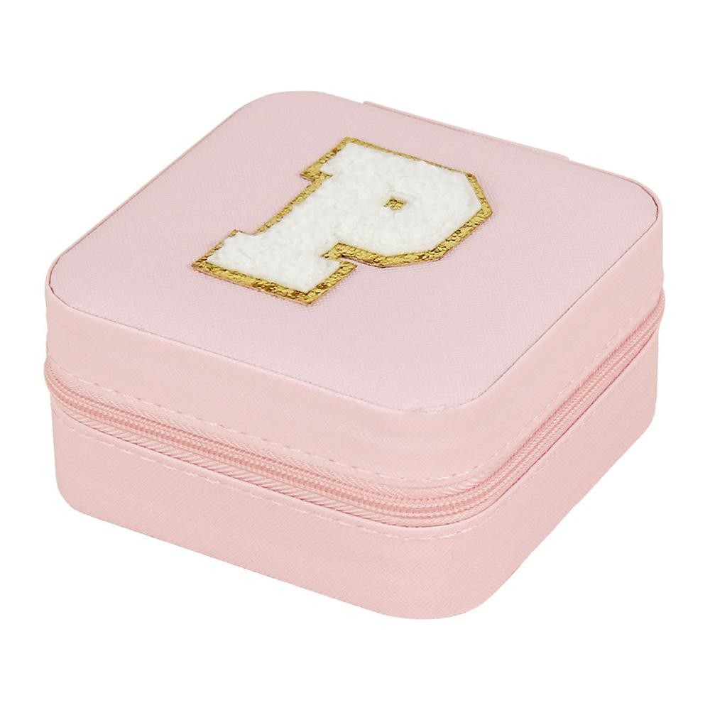 Initial Letter Chenille Patch Travel Jewelry Box - Full Zipper Closure - Mirror Included - Removable Divider Organizer - Rigid Walls Protect Jewelry From Crushing - 6 Ring Slots, 6 Earring Holes, 3 Necklace Hooks - Approximately 3.75"W X 3.75"T X 2"D view 2