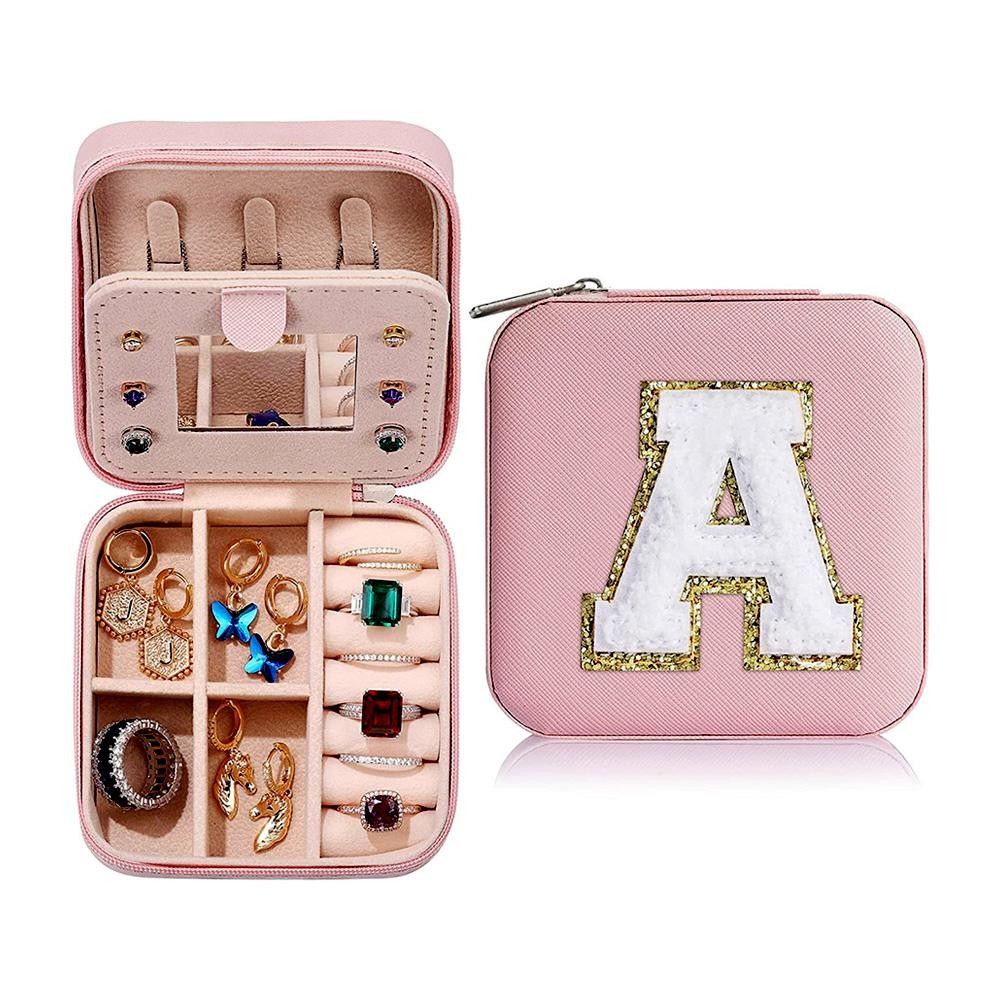 Initial Letter Chenille Patch Travel Jewelry Box - Full Zipper Closure - Mirror Included - Removable Divider Organizer - Rigid Walls Protect Jewelry From Crushing - 6 Ring Slots, 6 Earring Holes, 3 Necklace Hooks - Approximately 3.75"W X 3.75"T X 2"D view 6