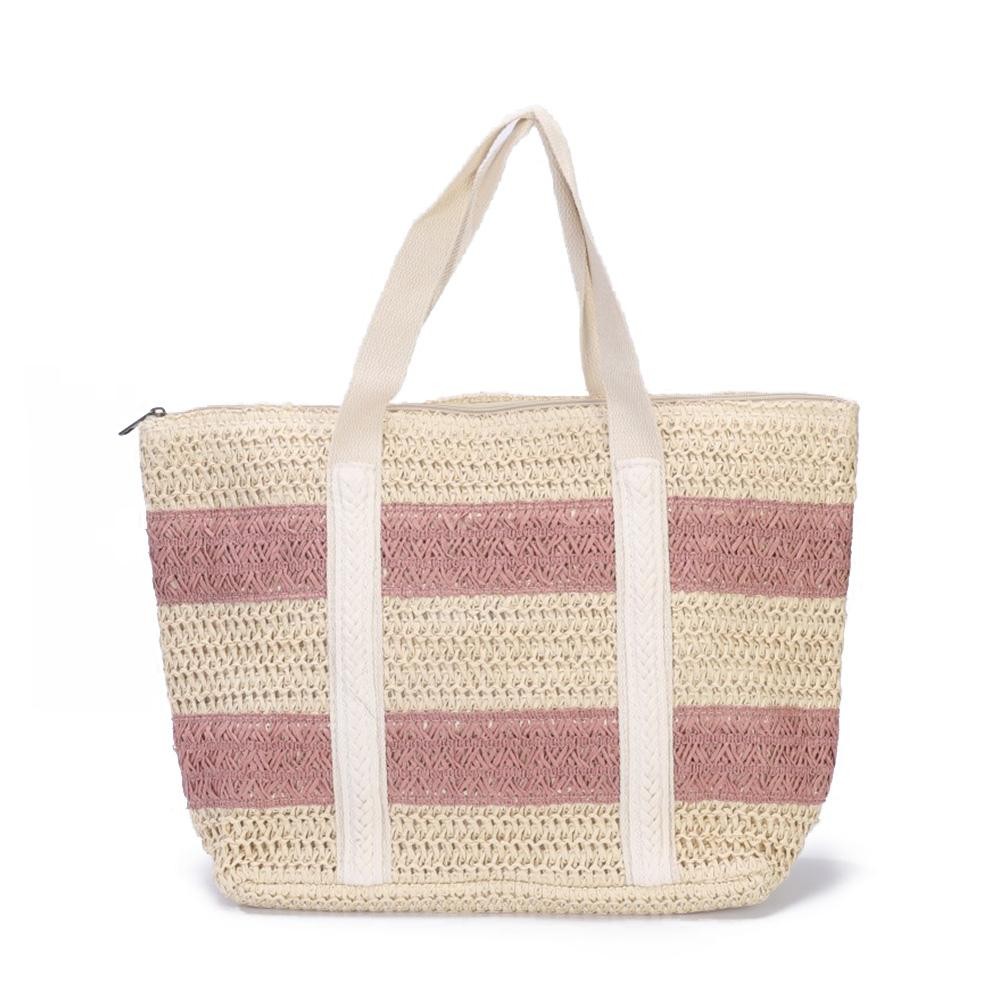 Woven Striped Straw Tote Bag - Lined Body - Full Zipper Closure - One Open Internal Pocket - Approximately 18"W X 12"T X5"D - Strap Drop 8"L view 2