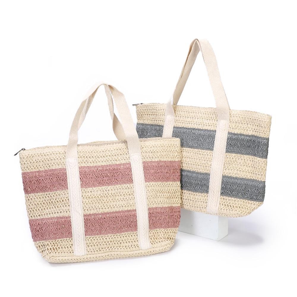 Woven Striped Straw Tote Bag - Lined Body - Full Zipper Closure - One Open Internal Pocket - Approximately 18"W X 12"T X5"D - Strap Drop 8"L view 4