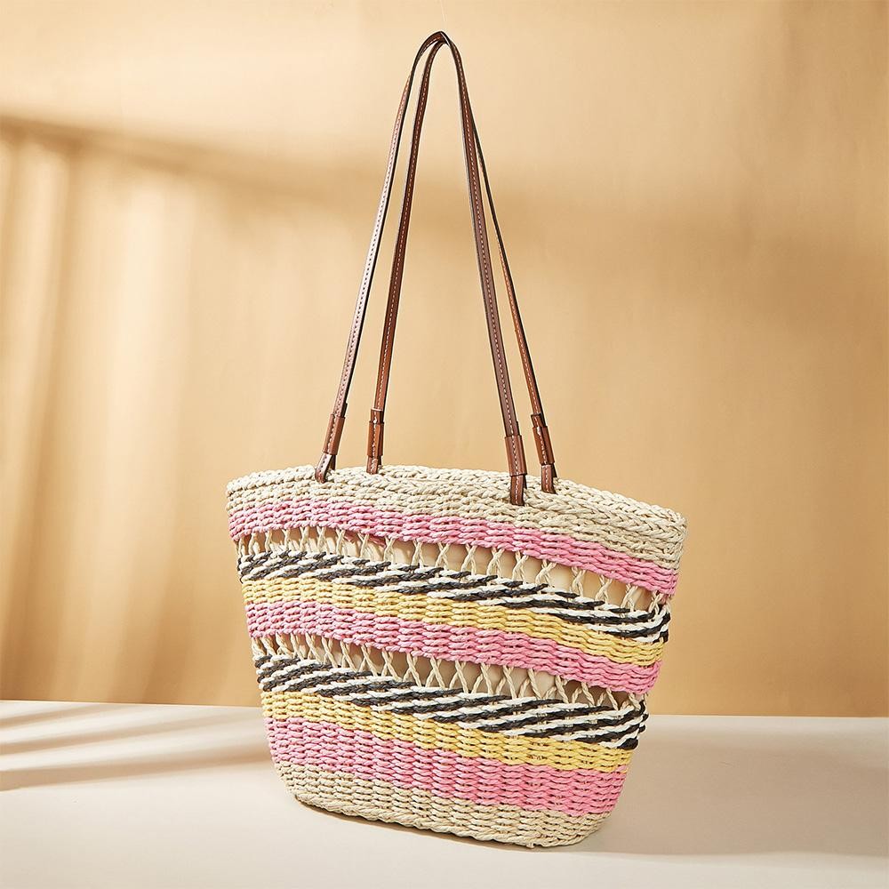 Multicolor Woven Straw Tote Bag With Leather Straps - Full Zipper Closure - Lined Body With Open Pocket - Approximately 18"W X 11"T X 4"D - Strap Drop 15"L view 2