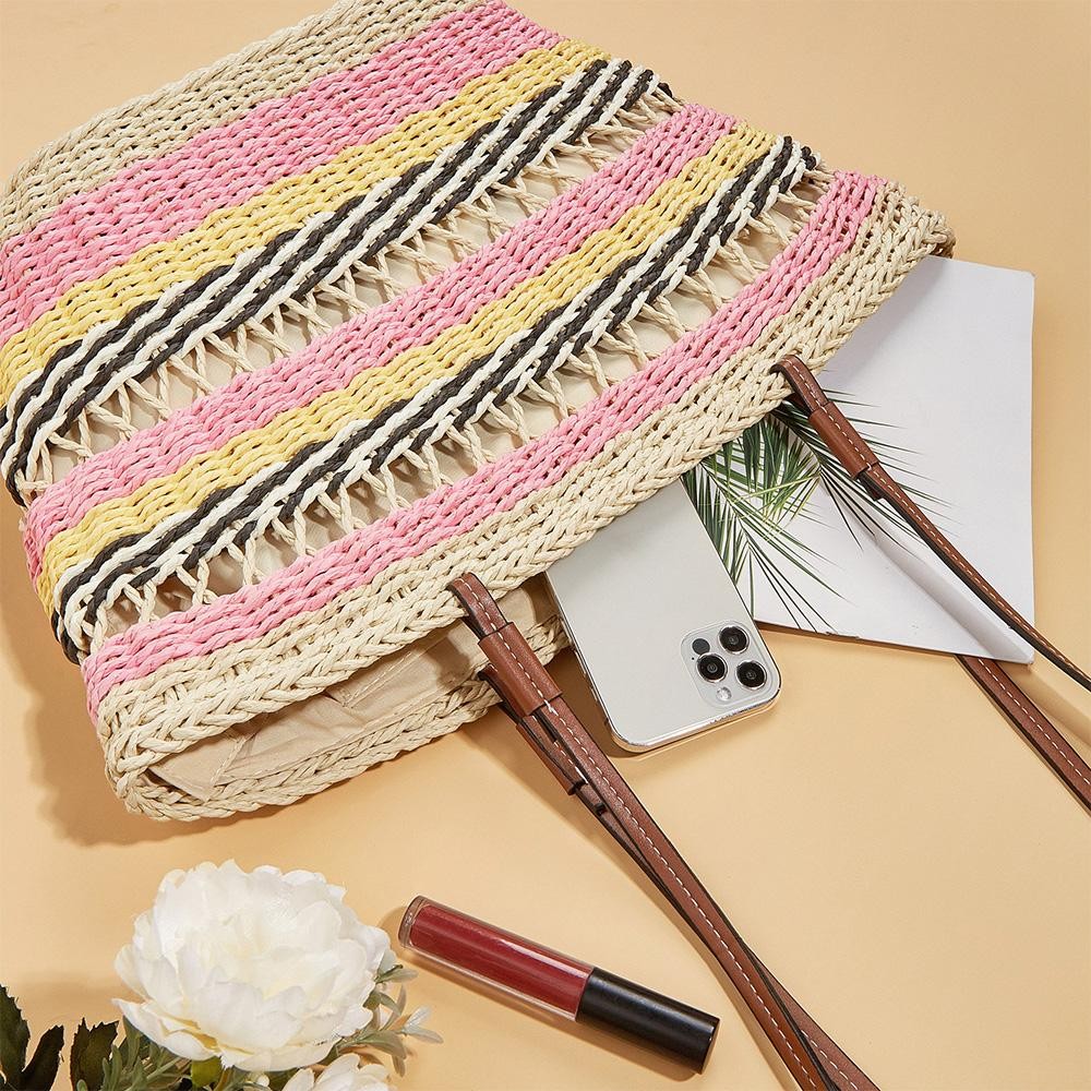 Multicolor Woven Straw Tote Bag With Leather Straps - Full Zipper Closure - Lined Body With Open Pocket - Approximately 18"W X 11"T X 4"D - Strap Drop 15"L view 4