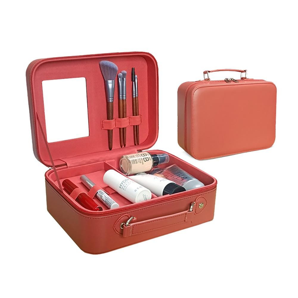 Faux Leather Makeup Box With Mirror - Full Zipper Closure - Reinforced Body - Removable Makeup Brush Platform - Makeup Brush Holder - Attached Mirror - Carry Handle - Approximately 9.5"W X 7"T X 4"D view 2