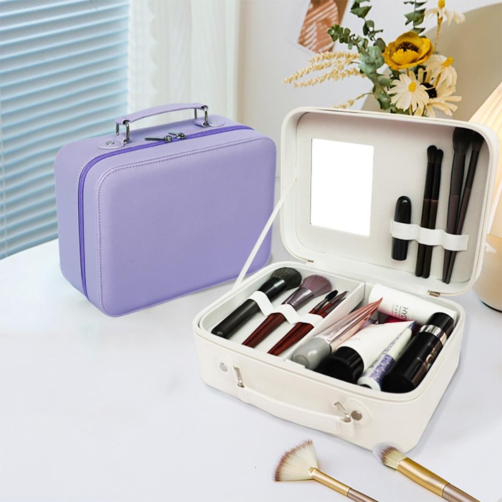 Faux Leather Makeup Box With Mirror - Full Zipper Closure - Reinforced Body - Removable Makeup Brush Platform - Makeup Brush Holder - Attached Mirror - Carry Handle - Approximately 9.5"W X 7"T X 4"D view 4