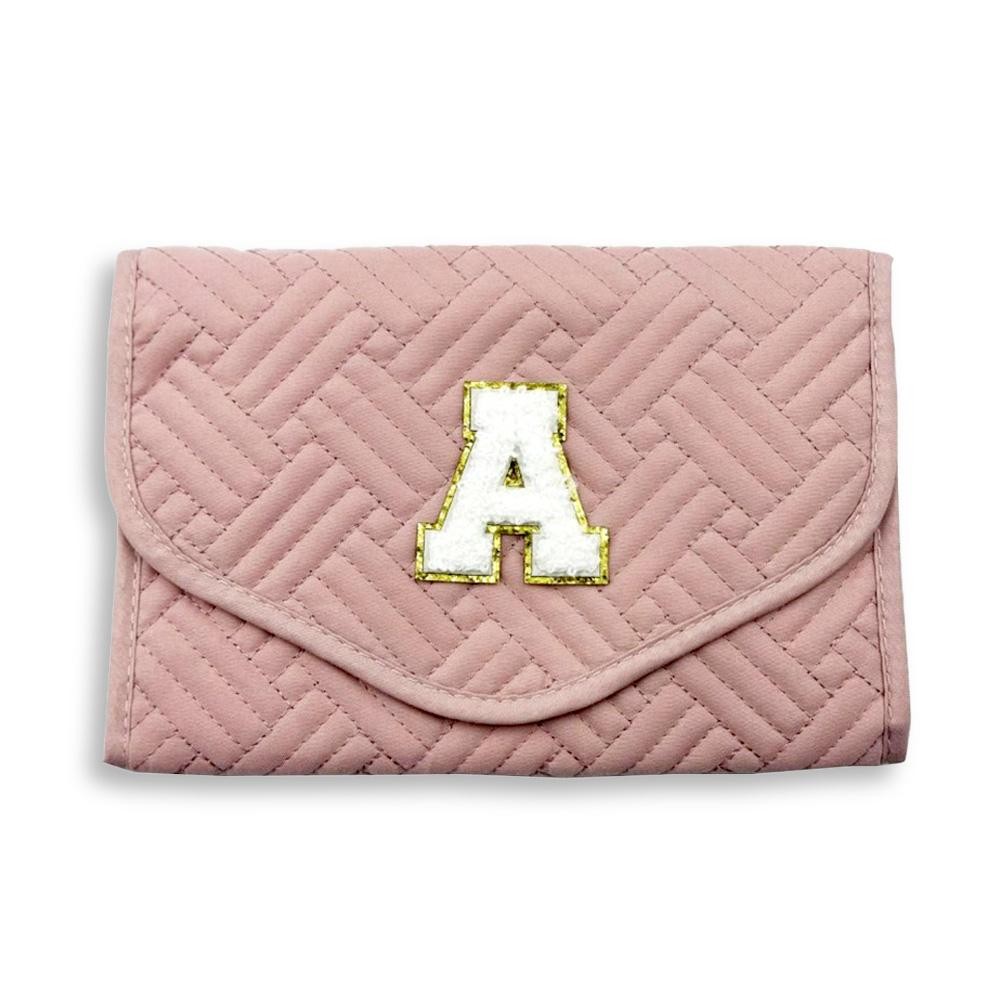 Quilted Foldable Jewelry Organizer Featuring Chenille Initial Glitter Patch - Snap Closure - Inside Elastic Open Pocket - 2 Inside Zip Pockets - 2 Ring Holders - 4 Snap Necklace Holders - Earring Organizer - Approximately 8.5"W X 5.75"T view 2