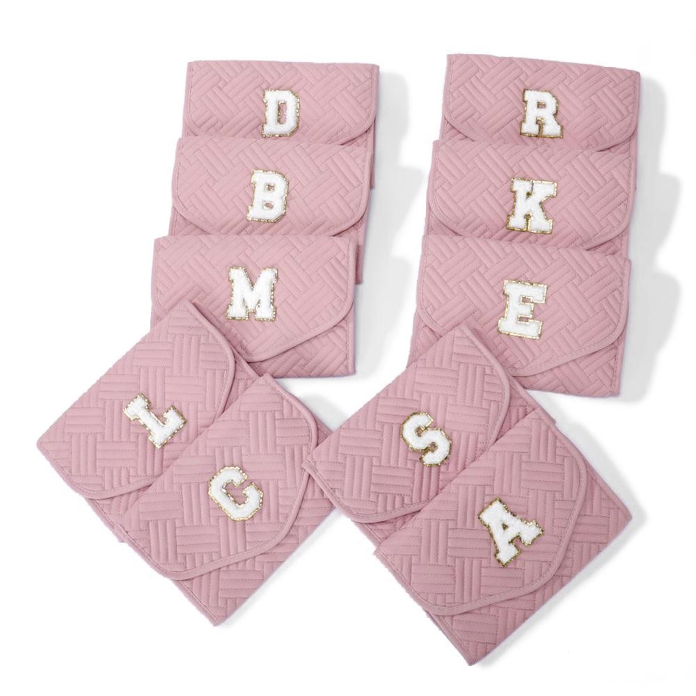 Quilted Foldable Jewelry Organizer Featuring Chenille Initial Glitter Patch - Snap Closure - Inside Elastic Open Pocket - 2 Inside Zip Pockets - 2 Ring Holders - 4 Snap Necklace Holders - Earring Organizer - Approximately 8.5"W X 5.75"T view 6