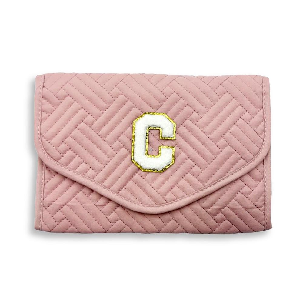 Quilted Foldable Jewelry Organizer Featuring Chenille Initial Glitter Patch - Snap Closure - Inside Elastic Open Pocket - 2 Inside Zip Pockets - 2 Ring Holders - 4 Snap Necklace Holders - Earring Organizer - Approximately 8.5"W X 5.75"T view 2