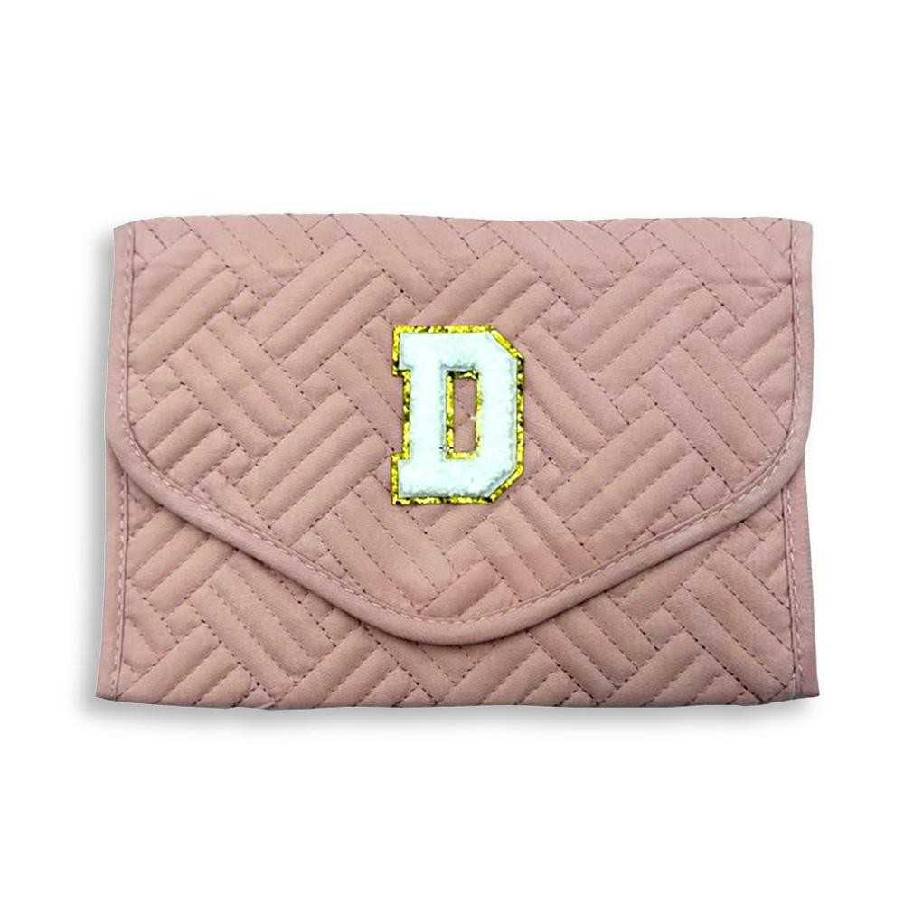 Quilted Foldable Jewelry Organizer Featuring Chenille Initial Glitter Patch - Snap Closure - Inside Elastic Open Pocket - 2 Inside Zip Pockets - 2 Ring Holders - 4 Snap Necklace Holders - Earring Organizer - Approximately 8.5"W X 5.75"T view 2