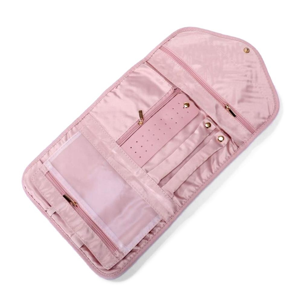 Quilted Foldable Jewelry Organizer Featuring Chenille Initial Glitter Patch - Snap Closure - Inside Elastic Open Pocket - 2 Inside Zip Pockets - 2 Ring Holders - 4 Snap Necklace Holders - Earring Organizer - Approximately 8.5"W X 5.75"T view 4