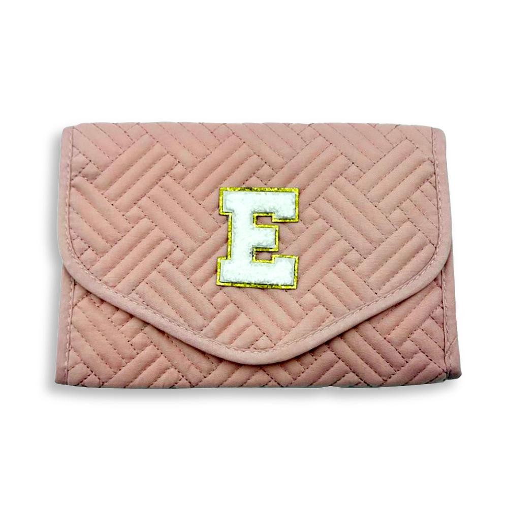 Quilted Foldable Jewelry Organizer Featuring Chenille Initial Glitter Patch - Snap Closure - Inside Elastic Open Pocket - 2 Inside Zip Pockets - 2 Ring Holders - 4 Snap Necklace Holders - Earring Organizer - Approximately 8.5"W X 5.75"T view 2